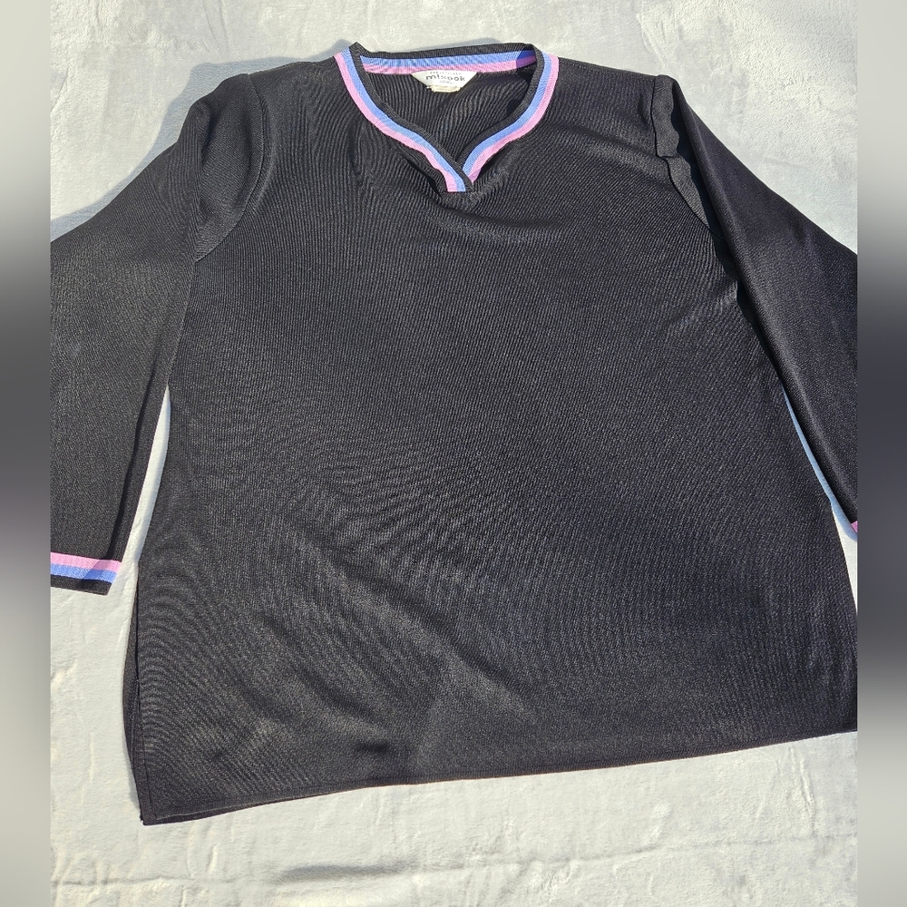 Misook Vneck Blue Pink Trim Padded Shoulder Side Slit Pullover Tunic Womens 1X